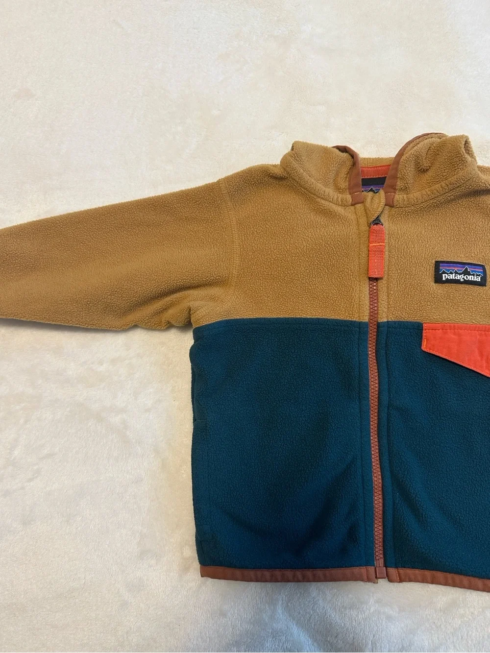 Patagonia Kids Colorblock Fleece Jacket w/ Hood - Mustard, Blue & Orange 3-6M